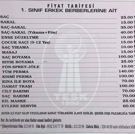 Izmir kuaförler odası fiyat listesi 2019