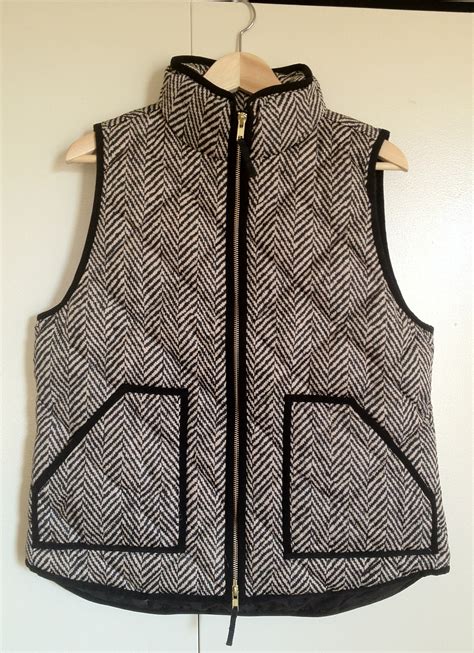 J Crew Excursion Puffer Vest Full Zip Black/Ivory Herringbone …