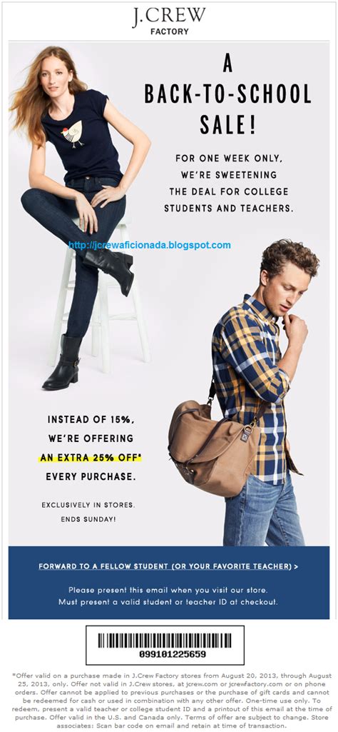 Student Discount Summary. J.Crew offers 15% discount for college students and teachers at J.Crew and J.Crew Factory stores with valid school ID. Offer is not valid at jcrew.com or jcrewfactory.com. Discount cannot be applied to previous purchases, alterations or the purchase of gift cards or third-party branded merchandise. .... 