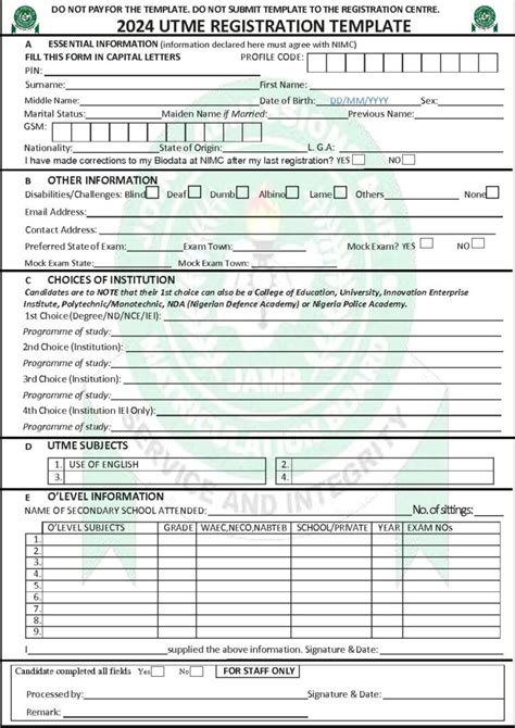 JAMB 2019 UTME Registration Form Template For All Centres Example
