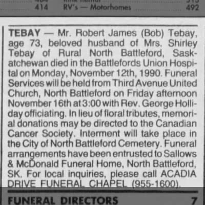 JAMES TEBAY Obituary Saskatoon StarPhoenix