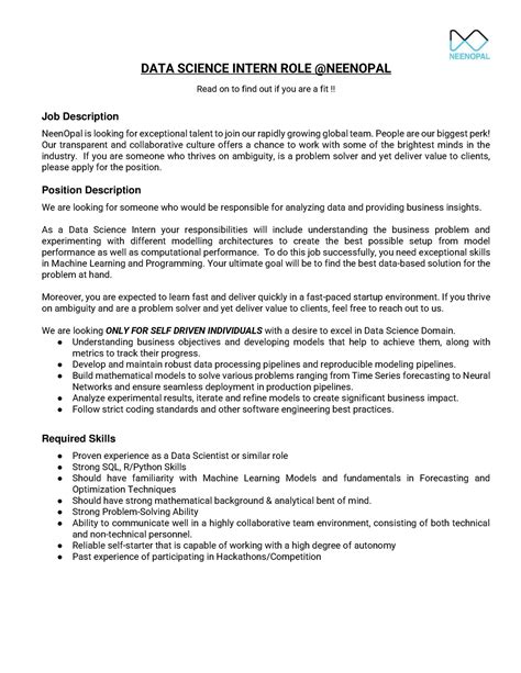 JD Data Science (Internship) DATA SCIENCE INTERN ROLE NEENOPAL