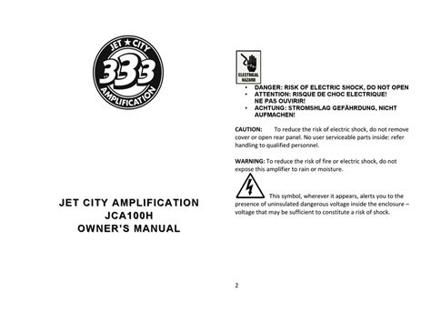 JET CITY AMPLIFICATION JCA100H OWNER’S MANUAL