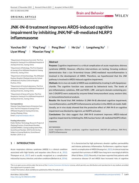 JNK‐IN‐8 treatment improves ARDS‐induced cognitive …