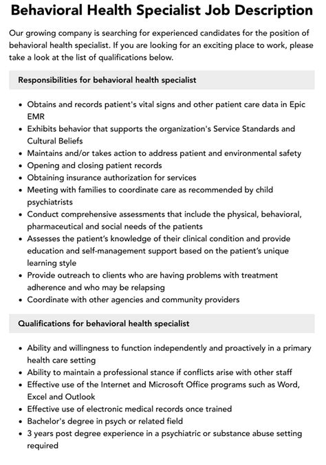 JOB DESCRIPTION POSITION TITLE: Behavioral Health Specialist