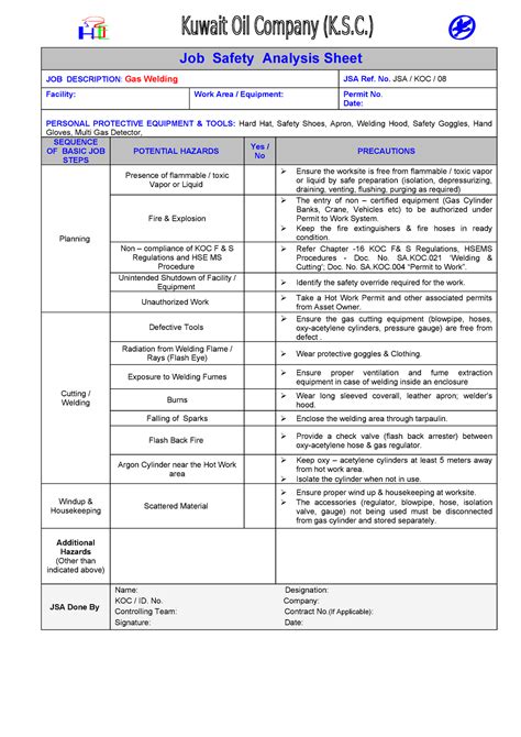 JOB SAFETY ANALYSIS (JSA) Welding - Checklist And Inspection …