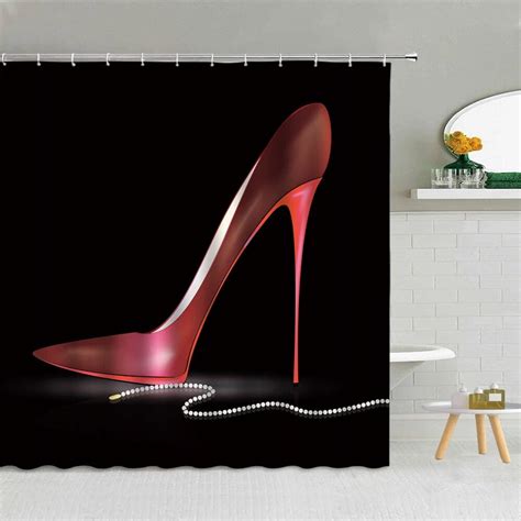 JONSEQIN Red High Heel Shower Curtain Funny Words Black Perfume Bottle ...