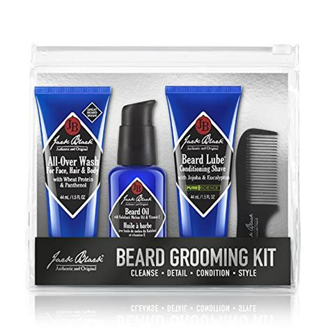 Jack black grooming. Item #05045551. Description: Designed for all types of facial hair, this four-step grooming routine cleanses, conditions, and softens facial skin and hair. A $42 value! Set Contents: Beard Wash, 1.5 oz. This sulfate-free formula cleans, conditions, and softens facial hair by removing dirt and oil while conditioning the hair and skin underneath. 