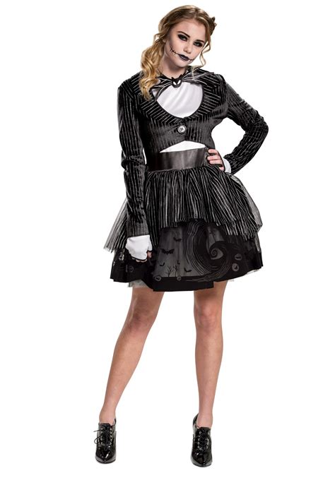 This sexy Jack Skelling Nightmare Before Christmas outfit includes a sexy pin striped jacket which has black tails and white upper arm cuffs. It also includes a black shorrt skirt, knee high additions to go with your own black shoes and finally a white sexy head bow with the Jack character printed onto it. This costume comes in all adult sizes .... 