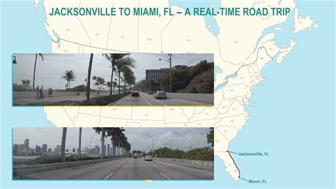 The total driving distance from Jacksonville, FL to Miami, FL is 345 miles or 555 kilometers. Your trip begins in Jacksonville, Florida. It ends in Miami, Florida. If you are planning a road trip, you might also want to calculate the total driving time from Jacksonville, FL to Miami, FL so you can see when you'll arrive at your destination. You ....
