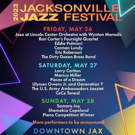 Jacksonville jazz festival 2023. The 2023 Jacksonville Jazz Festival is held from Thursday, May 25 through Sunday, May 28 in downtown Jacksonville. For more info and the full lineup of performances, click … 