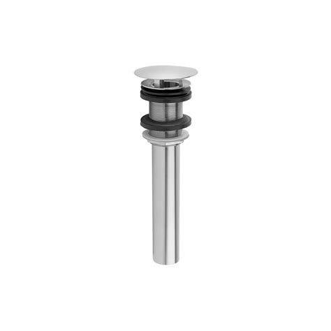 Jaclo. 2 3 / 4 " round contemporary finger touch top. Fully polished & plated (17 gauge) Drain can be opened or closed in basin. Replaces standard pop-ups and p.o. plugs with rubber stoppers. Fits 1 1 / 2 " opening (standard flange) With overflow. Threads are unfinished in MBK, WH & JACLO=COLOR. 