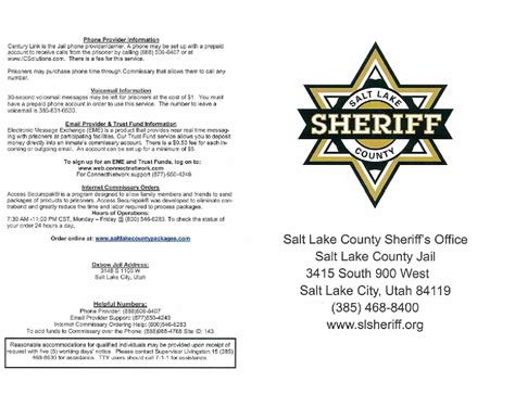 Salt Lake County Metropolitan Jail inmate lookup: Authority, Defendant Record, Height, Booking Date, Bookings, Current Housing Block, Projected Release Date, Case Number, Mugshots, Arrests, Release Date, Who's in jail, Bond, Court Date, Inmate Roster, Type. Salt Lake County Metropolitan Jail was built on Sep 26, 1887. This facility is situated .... 