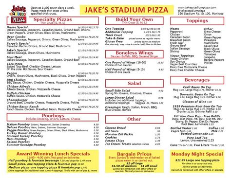 History. Affiliated with Jake's Stadium Pizza, Mankato. Specialties. Pizza, Poorboys, Boneless Wings, Soda, Beer, Wine