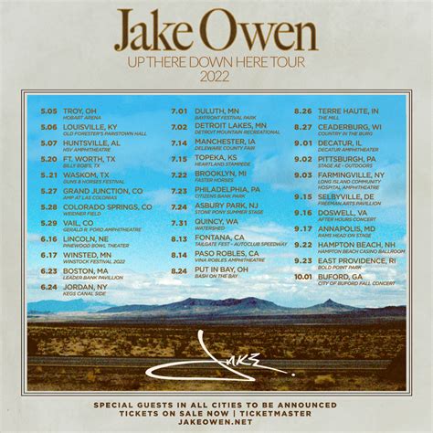 Following concerts. Jake Owen South Shore Music Circus, Cohasset, MA - Mar 9, 2021 Mar 09 2021. Jake Owen Bank of New Hampshire Pavilion at Meadowbrook, Gilford, NH - May 29, 2021 May 29 2021. Last updated: 22 Sep 2023, 22:34 Etc/UTC.. 