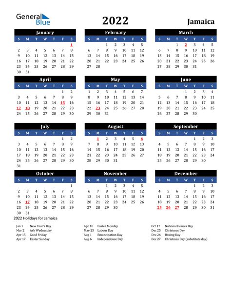 Jamaica Calendar 2022 With Holidays 