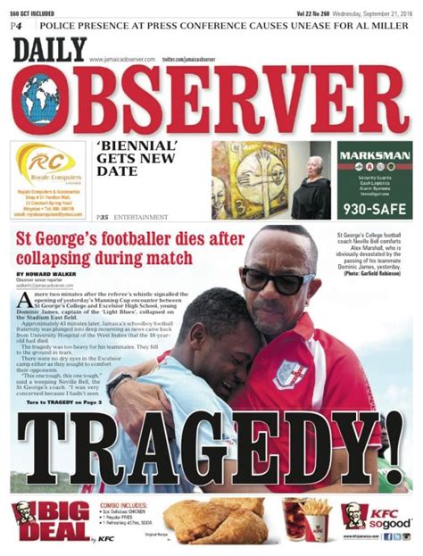 Jamaica observer current news. Oct 20, 2023 · Taximan in viral video arrested, charged. October 20, 2023. Lockup escapee found with child's mother in St Catherine. October 20, 2023. 'Ten Days' shot dead in Bogwalk. October 20, 2023. ‘Soldier from birth’ - Mom says crash victim Chavane Allen always wanted to join army Mom says crash victim Chavane Allen always wanted to join army ... 