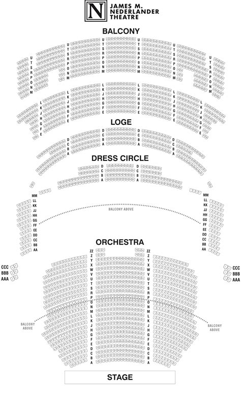 James nederlander theater seating view. Center Mezzanine. The Center Mezzanine’s 15 rows run from A to P, with seats escalating from 101 to 115, right to left. The entrance and landing to the Mezzanine sits between rows E and G, creating a gap between seats 105 and 111 in rows G and H. Like the rest of the Mezzanine, legroom is at a premium, with more room on either aisle. 