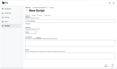 Jamf deploy script.  Click Policies in the sidebar.  Create a Policy for Trust JSS ...