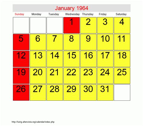 Jan 1964 Calendar