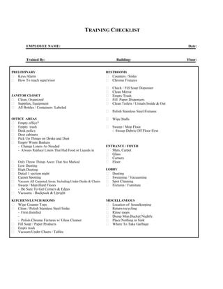 Janitorial Training Checklist