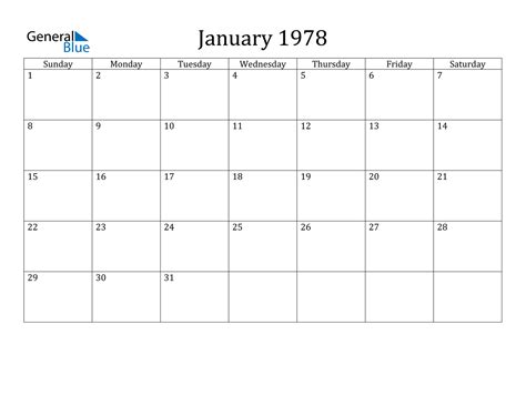 January 1978 Calendar PDF Word Excel