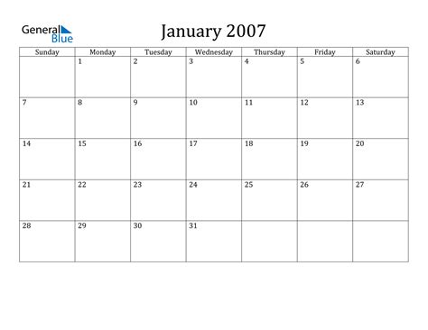 January 2007 Calendar PDF Word Excel
