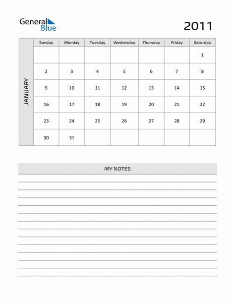 January 2011 Printable Monthly Calendar with Notes