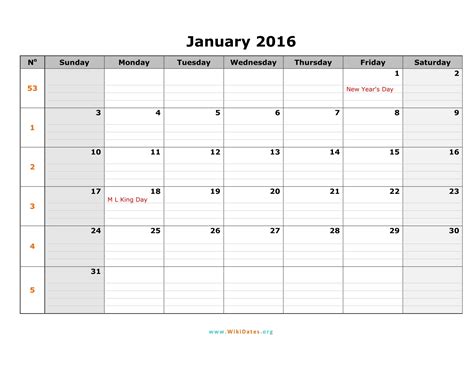 January 2016 Calendar in Word and Pdf formats