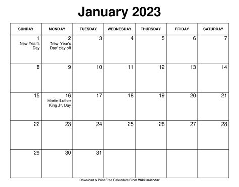 January 2023 Calendar Wiki