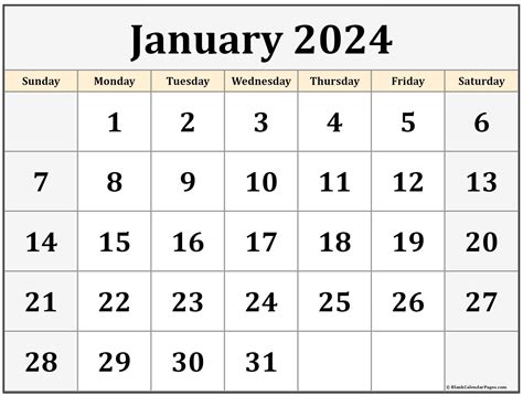 January 2024 calendar. January 2024 calendar is a plain printable calendar. Our calendars are FREE to use and are available as PDF calendar and GIF image calendar. This January 2024 calendar can be printed on an A4 size paper. Print the calendar and mark the important dates, events, holidays, etc. for January on it. Good Luck ! 