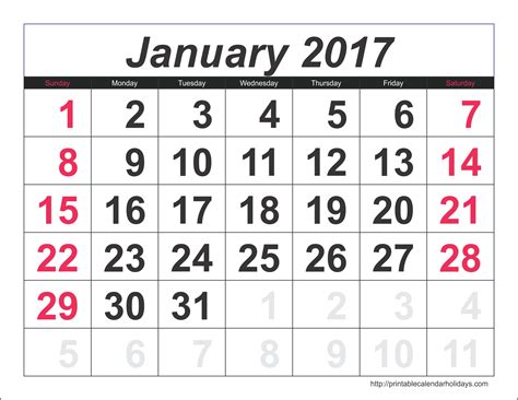 January Calendar For 2017