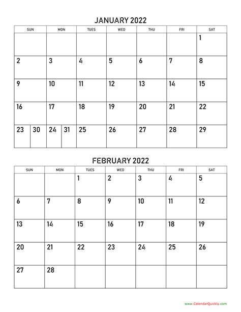 January February 2022 Calendar Printable