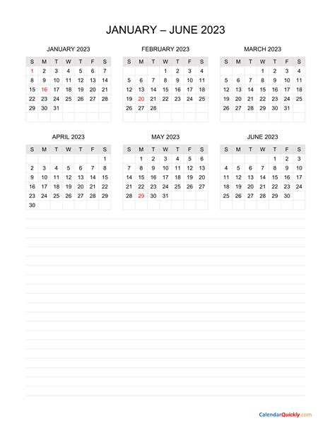 January to June 2023 Calendar with Notes Calendar Quickly