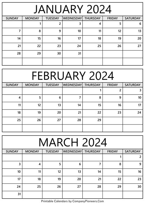 January to March 2024 Calendar Printable