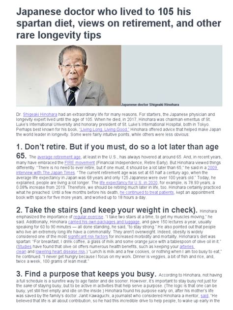 Japanese doctor who lived to 105—his spartan diet, retirement ... - CNBC