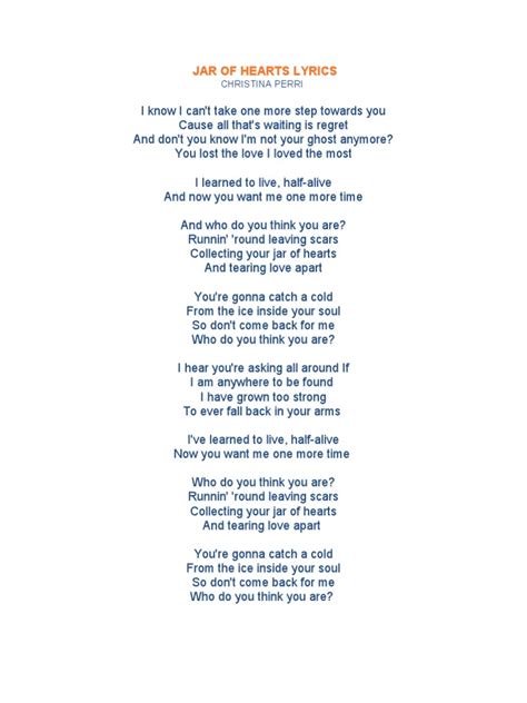 Jar of hearts lyrics. jar of hearts - christina perri (lyrics) -- download the "jar of hearts" music video on itunes! http://bit.ly/JOHvideoDL Follow Christina Perri: http://fa... 