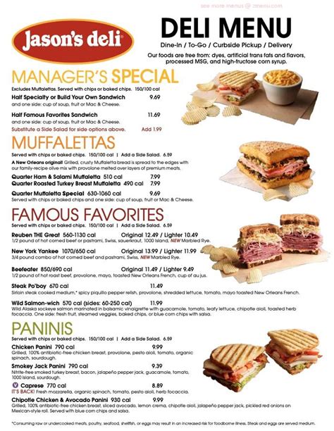 From sandwiches to salads, Jason's Deli offers health. Jason's Deli. 256-971-5325; Our Menus Menu; Kid's Menu; Jason's Deli. At Jason's Deli, we're all about healthy food. From sandwiches to salads, Jason's Deli offers healthy and delicious food that everyone can feel good about. ... DISCLAIMER: Menu items and prices are subject to change .... 