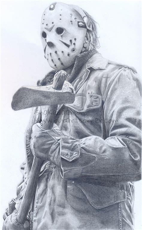 Jason’s mask is his signature feature. To draw it, sketch a rectangle with rounded corners in the upper part of the head shape. Then, add curved lines on either side of the rectangle to give it depth and dimension. Don’t forget to erase any unnecessary guidelines you sketched earlier..