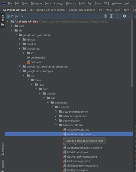 Java file outside of source root Just learning Java Google Ads …