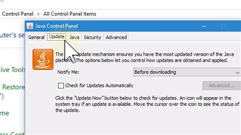 Java update. 2. How to Update Java on Windows 10. Right-click on the Start button and tap: Control Panel. Select the Control Panel option. In the Control Panel, click on Programs. Click on the Java icon to open the Java Control Panel. Select the Update tab on the Java Control Panel. Click on the Update Now button. 