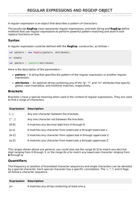 Javascript Cheat Sheet Regular Expressions and Regexp Object Download
