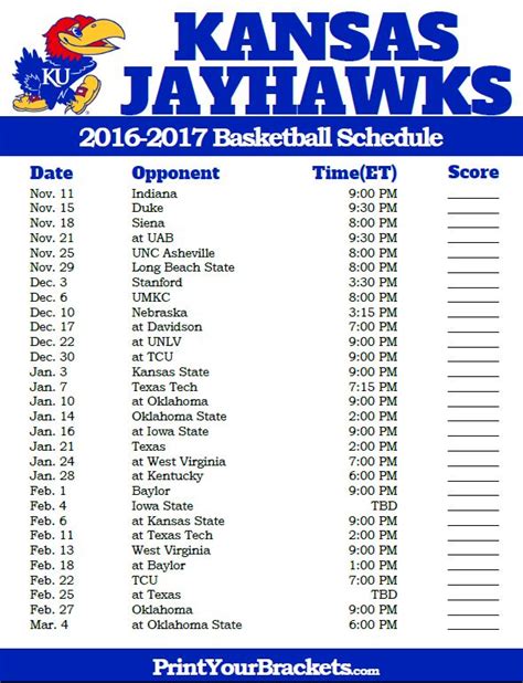 Schedule – Kansas Jayhawks 2023-24 Men's Basketball Schedule print download pdf 2023-24 Sun, Oct 29 5:00 pm CT Kansas AT Illinois Champaign, Ill. Overall 0 - 0 PCT 0.000 Conf. 0 - 0 PCT 0.000 Streak n/a Home 0 - 0 Away 0 - 0 Neutral 0 - 0 Aug 3 11:00 am CT Neutral Puerto Rico Select Team (EXH) Bayamón, Puerto Rico W 106-71