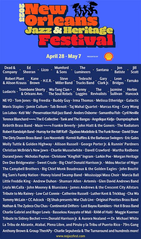 Jazz fest 2023 lineup. The New Orleans Jazz & Heritage Festival presented by Shell today announced the music lineup for the 2023 event, scheduled for April 28 – May 7. Jazz Fest is an annual celebration of the unique culture and heritage of New Orleans and Louisiana, alongside unforgettable performances by nationally and internationally renowned guest artists to create … 