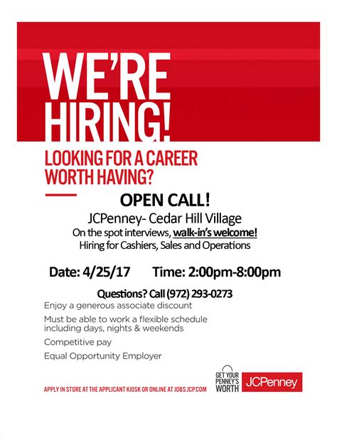 Jc penney hiring. The JCPenney Home Office is located just 20 miles north of downtown Dallas within the exciting development of Legacy West in Plano, Texas. ... Applicants for employment who have a disability should call 1-888-879-2641 or email [email protected] to request assistance or accommodation. 