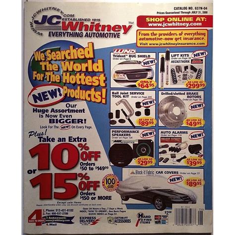 Jc whitney catalog online. Our staff is ready to help you with your purchase. Call us at (813) 769‑2451. Fast Free Shipping. The large majority of our wide selection of products ship at no cost to you. Warranty Guaranteed. All of our products are 100% backed by the manufacturers warranty policy. Top Brand Names. 