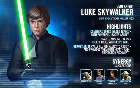 Jedi knight luke swgoh. Jedi Knight Luke Skywalker gains Jedi's Will for 2 turns, which can't be copied, dispelled, or prevented. If target other ally is a Jedi, who is not Old Republic, they also gain Jedi's Will for 2 turns. Jedi's Will: +100% Counter Chance, +50% Offense, +25% Speed, +25% Tenacity; Base Stats Add 195 Armor Penetration to his base stats; Wat Tambor 