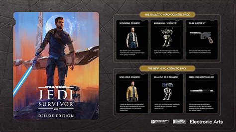 Jedi survivor deluxe edition. Survivor (Default) Tactical Bomber Scrapper Frontier Outrider Commander Wanderer Hunter Jedi Mountaineer Corsair Bandolier Pilot Poncho Exile Drifter Duelist Rebel Hero Scoundrel Hermit Shirts There are 12 shirts in total with 2 of them available from pre-order and deluxe edition and one is the default … 