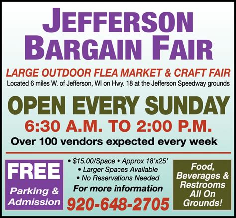 Jefferson bargain fair. Jefferson Bargain Fair , Open Every Sunday. Monday, December 4, 2023. News; Sports; Opinion; Obituaries; Community; Classifieds 