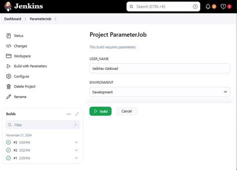 Jenkins parameters checkbox.  These parameters can include environment configurations, ...